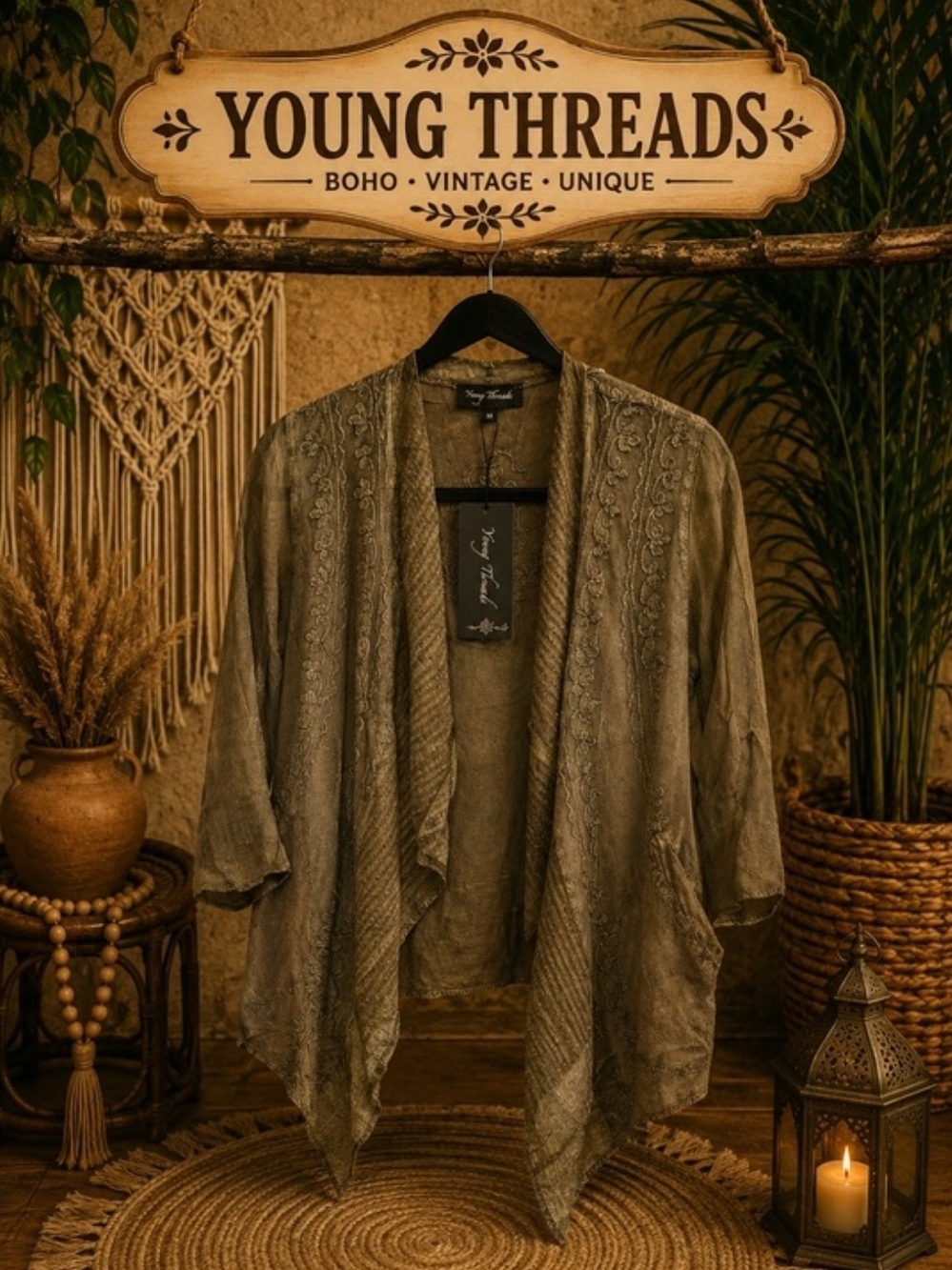 Young Threads Embroidered Olive Open-Front Boho Cardigan